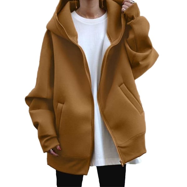 Dam Baggy Loose Hoodies Dragkedja Loose Outdoor Höst Långärmad Huvjacka Khaki L