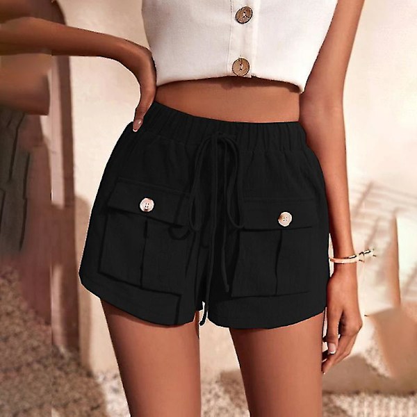 Baggy Hotpants för Kvinnor med Elastisk Midja, Lös Rak Modell för Damer, Sommarshorts Black M