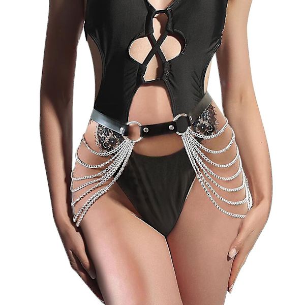 Dame Midjebelte Med Kjede Punk Gotisk Lær Midjebelte Mote Sexy Justerbart Kjedebelte For Halloween