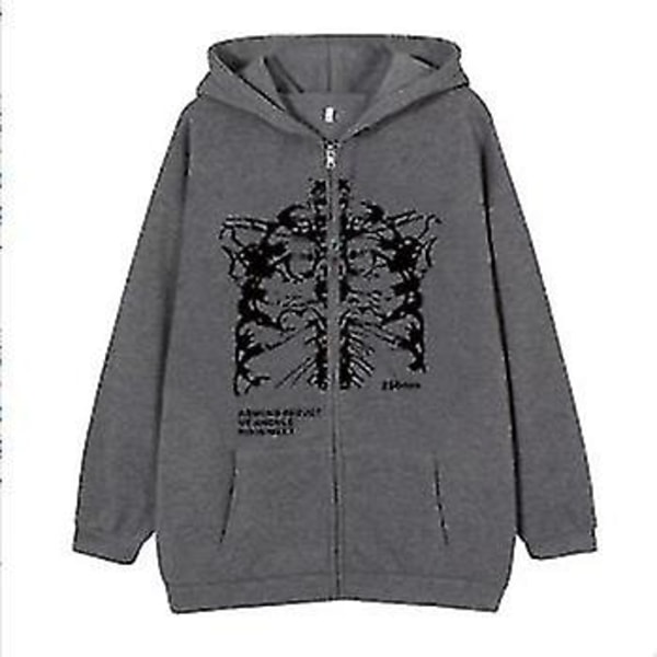 Mørk sweatshirt med lynlås, skelet-hættetrøje, hoodie med knogler, high street hipster sweatshirt jakke dark grey-black M