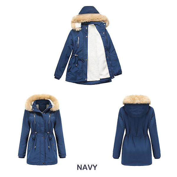 Tykk hetteparkas for kvinner, vindtette fleeceforede jakker med lommer Blue XL