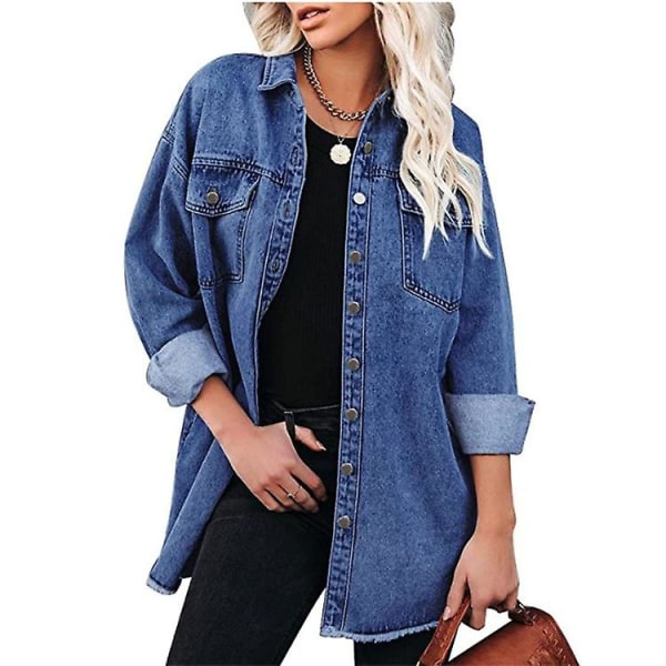 Kvinnors Oversize Denimjacka Casual Lång Pojkvän Distresse Jeanjacka Höst Vår blue XL