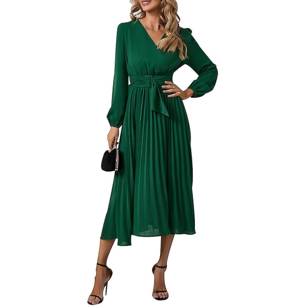 Elegant Dame Langærmet Midi Kjole Med Bælte Fest Bryllupsgæst Kontorkjoler Green XXL