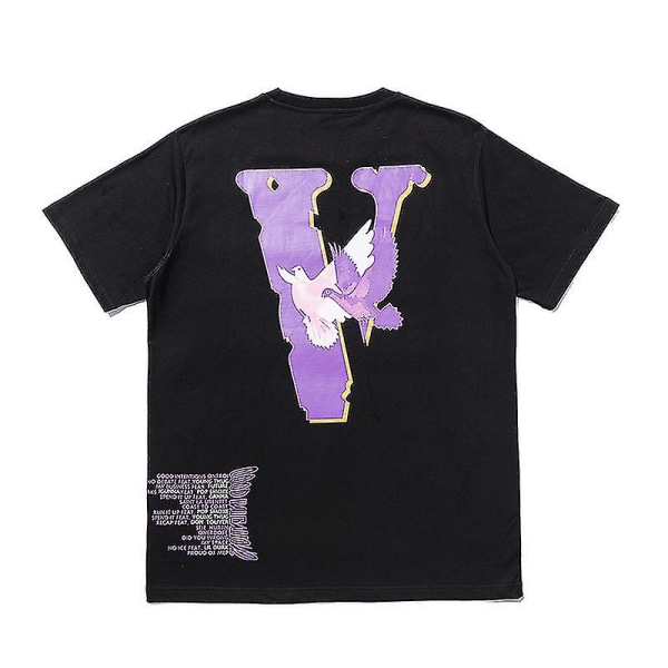 Vlone T-shirttryck Big V Flying Pigeon Hip Hop Unisex Casual Korta ärmar Svart XL