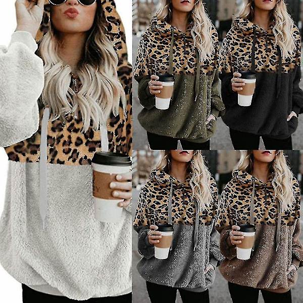 Hættetrøje til kvinder Leopard Print Plys Sweatshirt med lommer Snørehætte Red Khaki 4XL