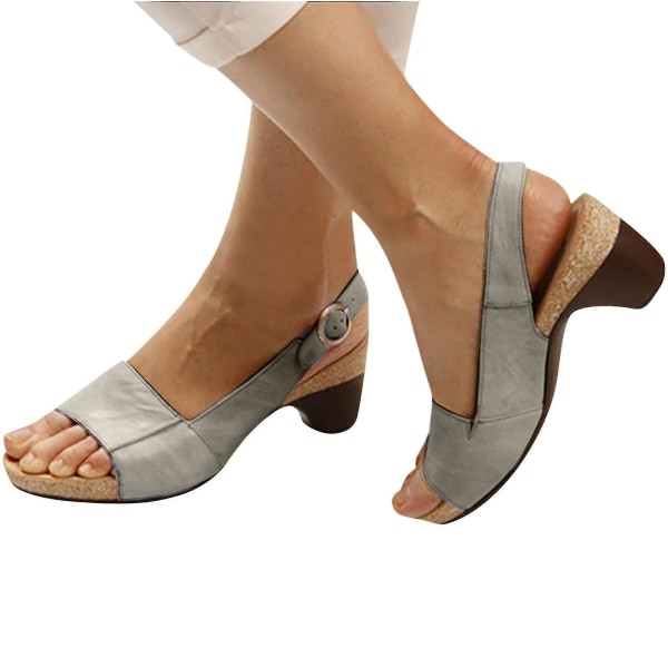Bekväma Eleganta skor med låga klackar Kvinnor Sommar Sandaler med tjock klack Pumps Ankelspänne Öppen tå Casual Gray 36