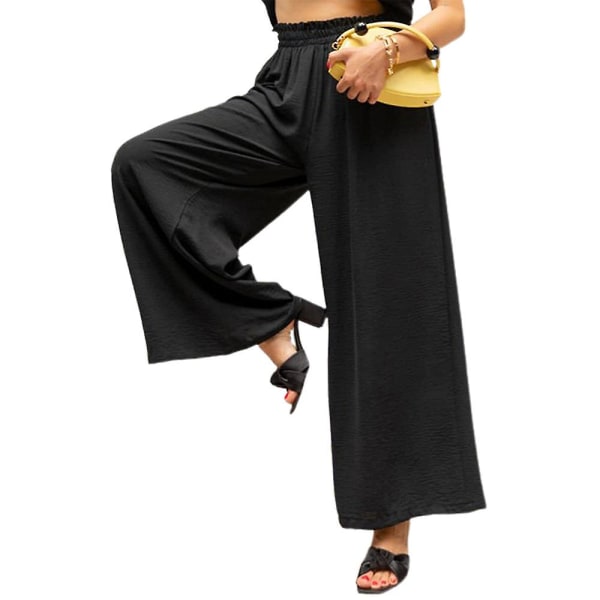 Dame Ensfarvede Elastiske Højtaljede Løse Cropped Bukser Bred Ben Casual Lange Bukser Black XL