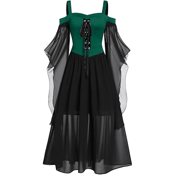 Maxikjole med sommerfugleærmer til kvinder, middelalder punk gotisk tøj, sexet Halloween kostume, kjoler med kolde skuldre og korset C-green 4X-Large