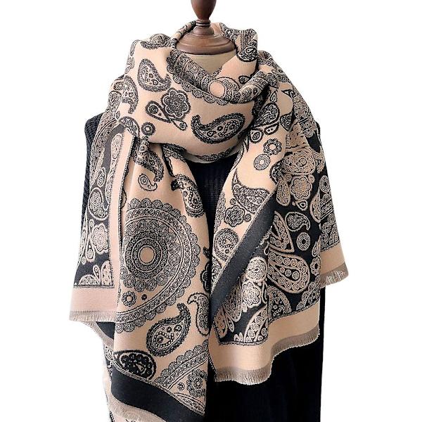 Moteskjerf for kvinner med tykk, varm kasjmirimitasjon med cashewblomstdesign for kaldt vær, utendørs skigåing og sykling Black