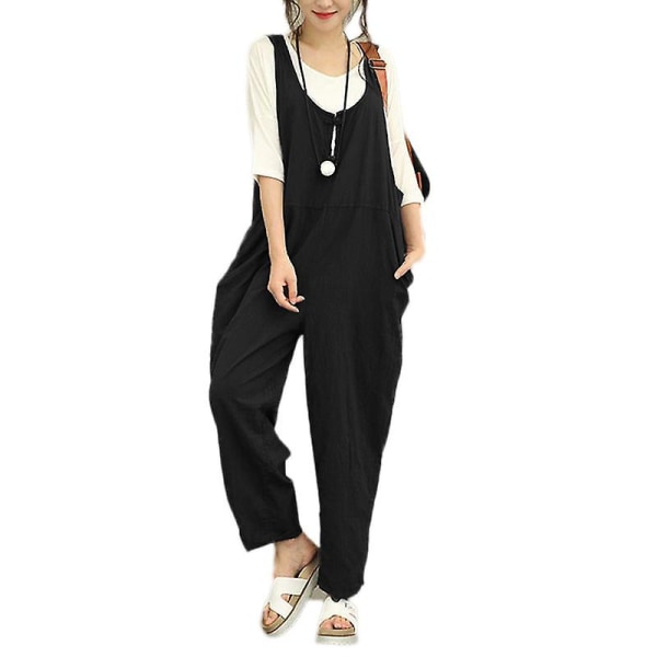 Dam Casual Solid Jumpsuit Lös Baggy Linne Dungarees Byxor Playsuit Overall Romper Black S