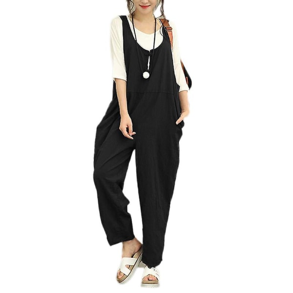 Dame Casual Solid Jumpsuit Løs Baggy Lin Buksedress Bukser Playsuit Overalls Romper Black S