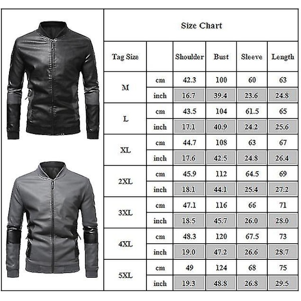 Herr Patchwork Ståkrage Läder Bikerjacka Slim Fit Casual Dragkedja Kappa Ytterkläder Gray 2XL