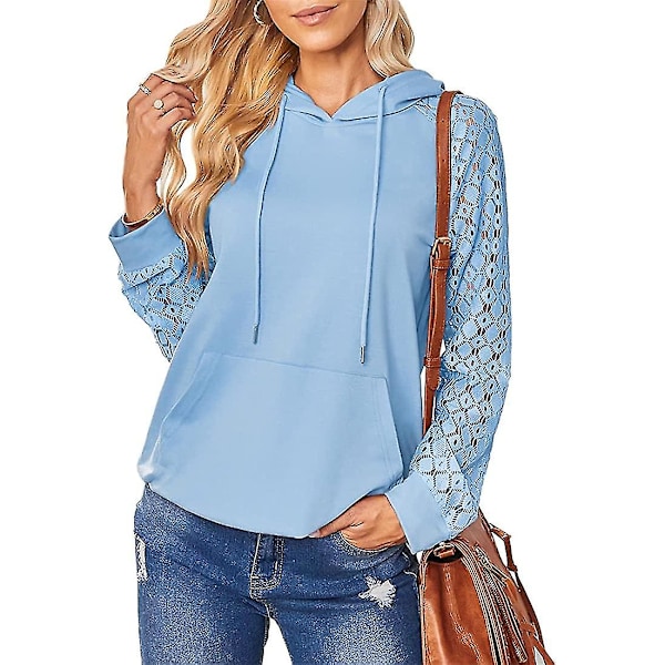 Dame Hættetrøjer Blonde Patchwork Langærmet Hættetrøje Casual Mode Tunika Pullover Stilfuld Elegant Sweatshirt Snøre Jumper Toppe Med Lommer Blue M