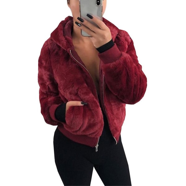 Kvinnor Fleece Fluffy Coat Hooded Jacka Ytterkläder Topp Wine Red L