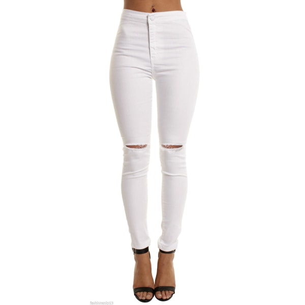 Högmidjade jeans för dam, elastiska jeans för dam, lämpliga för vardagsbruk White L