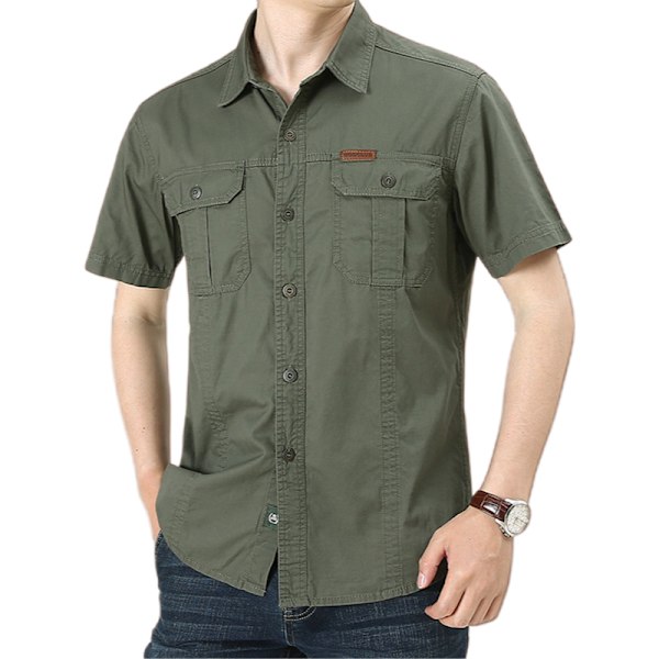 Herre kortærmet skjorte afslappet løs skjorte ensfarvet forår og efterår arbejdstøj lomme stil army green 4XL-195
