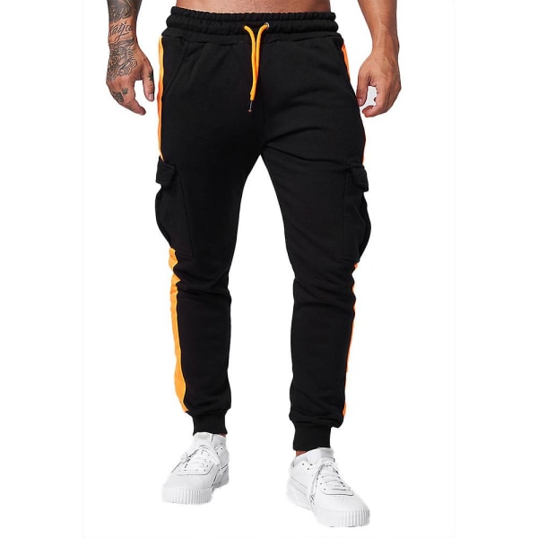 Herr Färgblock Elastisk Midja Joggingbyxor Joggers Dragkedja Gym Sportbyxor Yellow Side XL