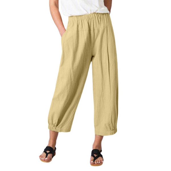 Dame Ensfarvede Elastiske Løse Cropped Bukser Sommer Casual Lange Bukser Khaki 2XL