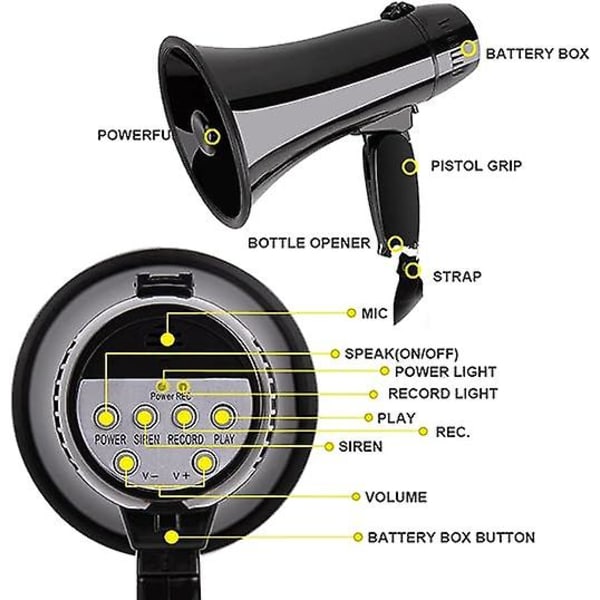 Bærbar Megafon Bullhorn 20 Watt Effekt Megafon Høyttaler Stemme Og Sirene/alarm Moduser Med Volumkontroll Og Stropp Black