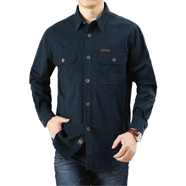 Herre skjorte ensfarget avslappet løs langermet skjorte herre arbeidsklær lommedesign stil jakke dark blue 4XL-195