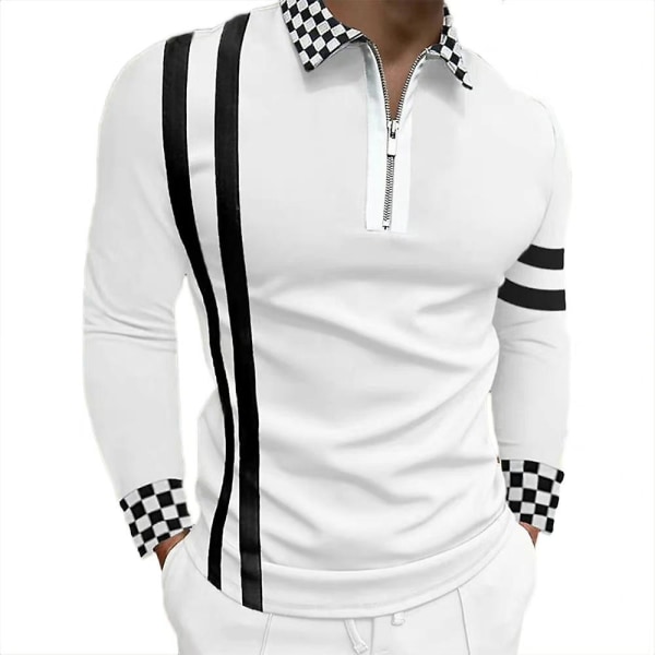 Herrrandig rutig tryckt dragkedja V-ringad poloskjorta casual slim fit långärmad snygg T-shirt toppar White 3XL