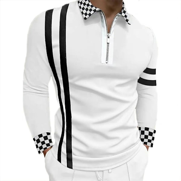 Miesten raidallinen ruudullinen vetoketjullinen V-kauluspoolopaita, rento slim fit, pitkähihainen tyylikäs T-paita White 3XL