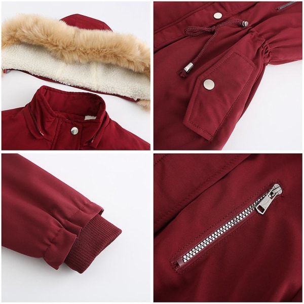 Tykk hetteparkas for kvinner, vindtette fleeceforede jakker med lommer Wine Red L