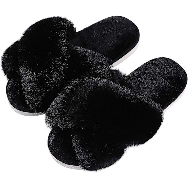 Damskor i plysch med korsband och minnesskum, öppna tofflor för hemmet black 40-41