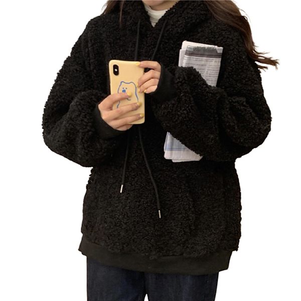 Langærmet hættejakke til kvinder, koreansk version med sødt bjørneformet design, velegnet til sammenkomster med venner Black XL