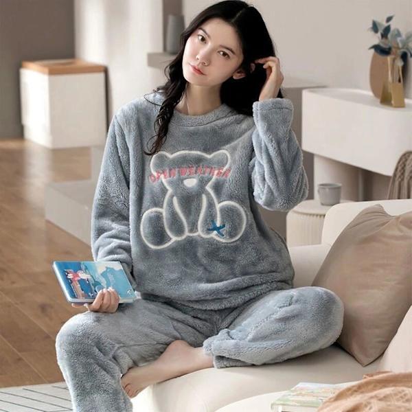 Dam Vinter Flanell Pyjamas Set Söta Tryckta Långärmade Nattkläder Topp Och Byxor Set För Sovkläder Pyjamasparty New Bear L