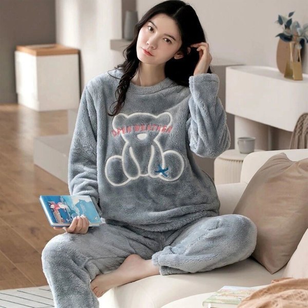 Dame Vinter Flanell Pyjamas Sett Søte Trykte Langermet Nattøy Topp Og Bukse Sett For Nattøy Pyjamasparty New Bear XL
