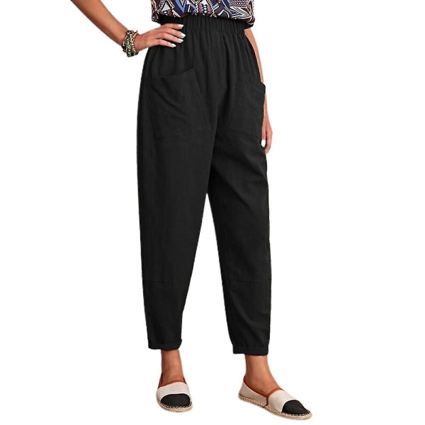 Cropped bukser med elastisk talje, løse, afslappede, lange, ensfarvede bukser Black M