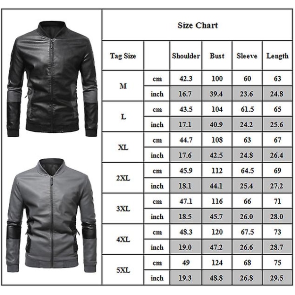 Herre Patchwork Ståkrage Skinjakke MC-jakke Slim Fit Casual Glidelåsjakke Yttertøy Black 1XL