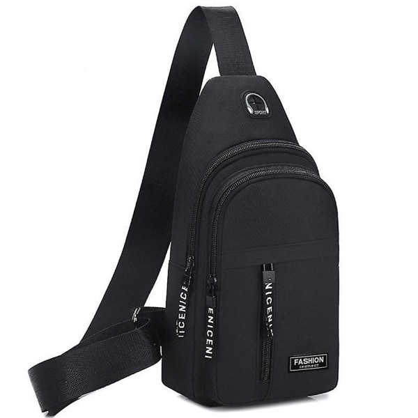 Ryggsäck för herr Sling Sport Casual Vattentät bröstväska Crossbody Shoulder Daypack med hörlurshål Black