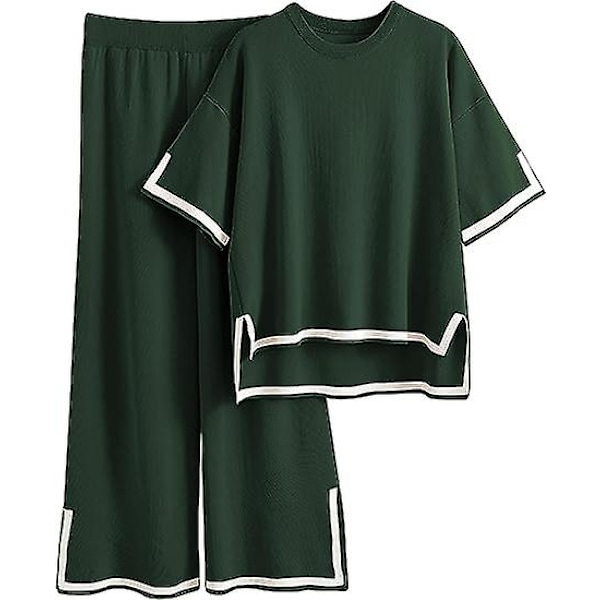 Fashion Kostym Färgkontrast Split Kortärmad Stickad + Högmidjade Slankande Vida Byxor Tvådelad Set green M