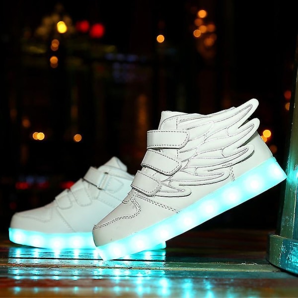 Led Light Up Hi-top Skor Med Wing USB Uppladdningsbara blinkande Sneakers För Småbarn Barn Pojkar Flickor Blue 34
