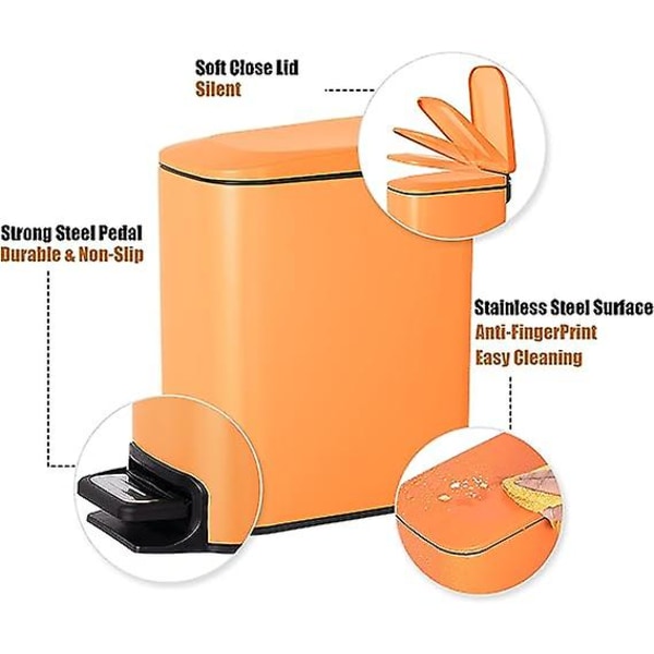 Liten soptunna i badrummet med lock Soft Close, stegpedal, 6 liter / 1,6 gallon soptunna i rostfritt stål med avtagbar innerhink, anti-fingerpri orange