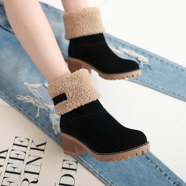 Dame Vinterstøvler Korte Sne Flock Varme Støvletter Sko Slip On Korte Ankel Chunky Hæl Støvler Black 41