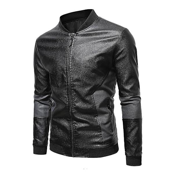 Herre Patchwork Stand Krave Læder Biker Jakke Slim Fit Casual Lynlås Frakke Overtøj Black 3XL