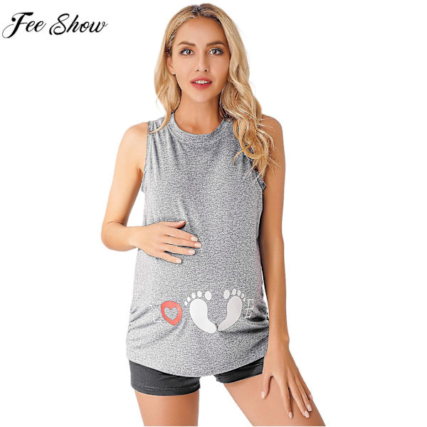 Amme Ærmeløs Stretch Print Bløde Toppe Pyjamas Hjemmetøj Gravide Kvinder Casual Plus Size Lang T-shirt Tanktoppe Loungewear White XL