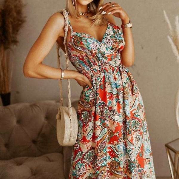 Ärmlös Boho Blommig Slipklänning Dam V-ringad Semester Strand Maxiklänning Red Blue XL