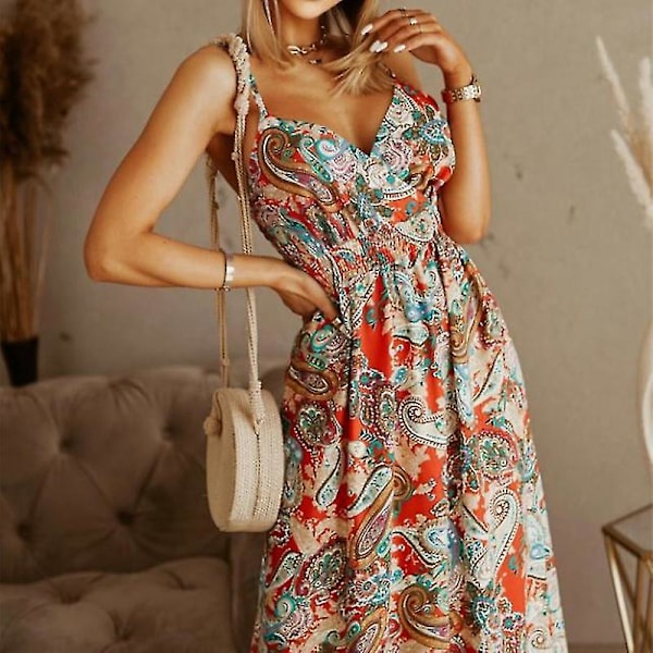 Dame Ærmeløs Boho Blomstret Slip Kjole V-Hals Ferie Strand Maxi Kjole Red Blue M