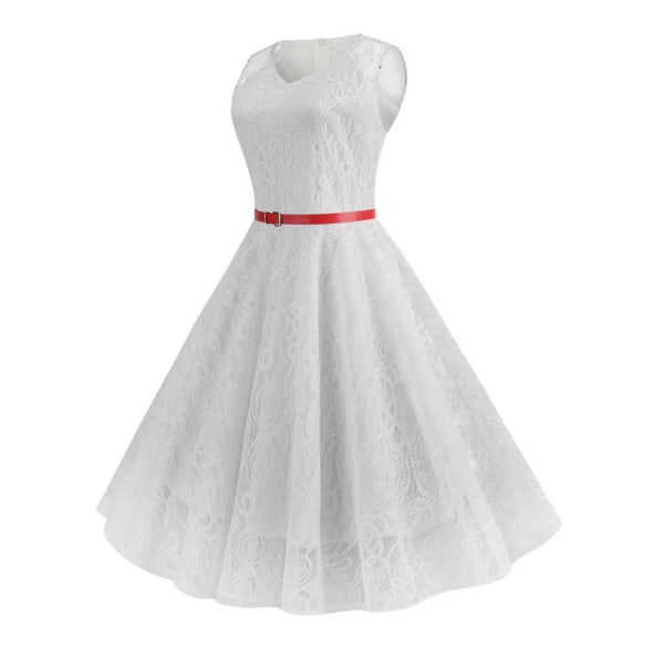 Damspets Retro Rockabilly Midiklänning 50-tal 60-tal Kvällsfest Swing Sundress Vit White M