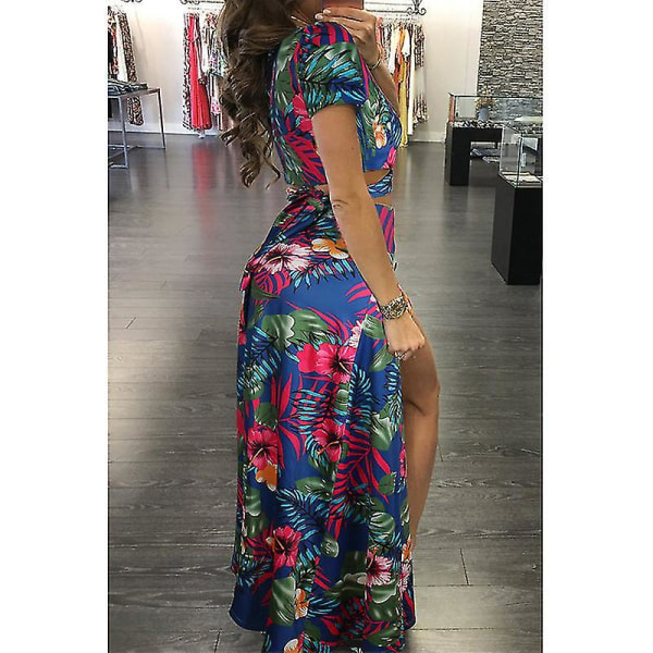 Dame V-hals Ferie Nederdel Sæt Print Crop Top Og Nederdele 2-delt Sæt Høj Talje Dragt Blue M