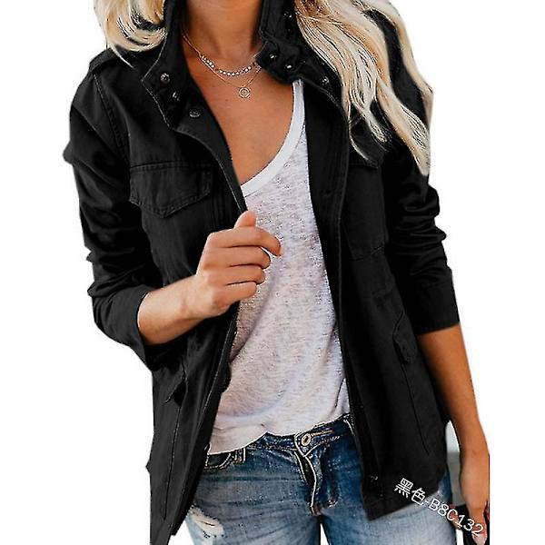 Dame Ensfarvet Løs Jakke med Lynlås og Flere Lommer Black 4XL