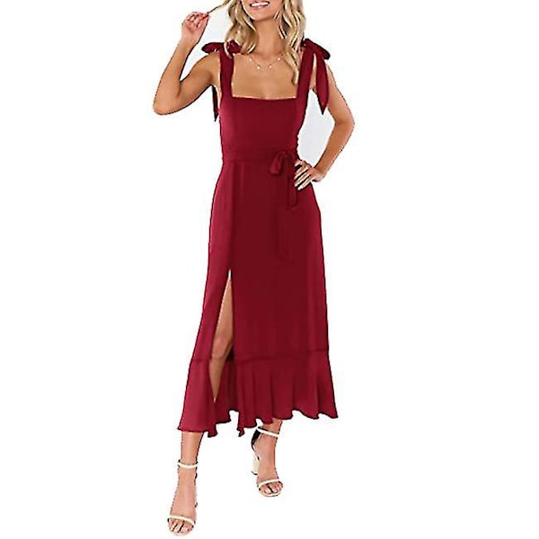 Eleganta Tärnklänningar för Kvinnor, Fyrkantig Halsringning, Delad Midi Formell Klänning Red M