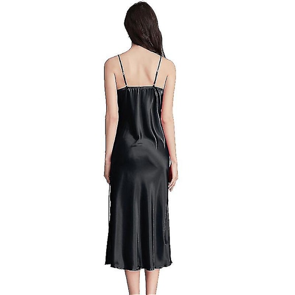 Dam Satin Nattlinnen Lång Chemise Sexig Ärmlös Sidoslits Nattklänning Spaghettiband Sovkläder Black L