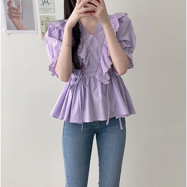 Spetsblus för damer med volanger, skjorta, peplum, puffärm, V-ringad Retro-3 Purple S(UK 6)