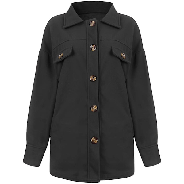 Lös Passform Damjacka Knäppning Polar Fleece Ytterkläder Kappa Med Fickor Black M