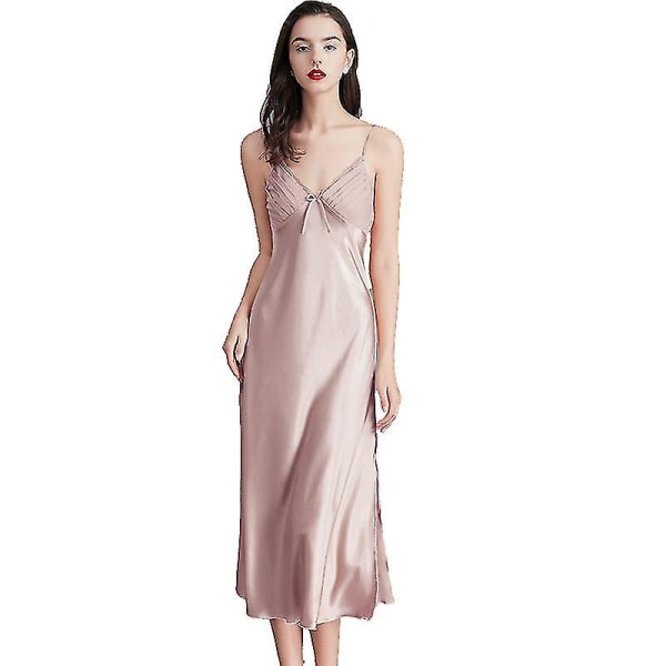 Dame Sateng Nattkjoler Lang Chemise Sexy Ermeløs Sidesplitt Nattkjole Spaghettistropp Nattøy Pink 1 L